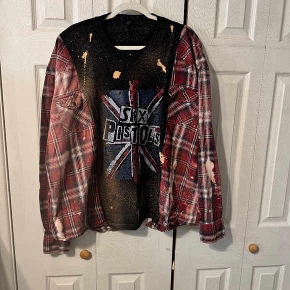Sex Pistols Upcycled Bleached Graphic Tee & Flannel Shirt - Size S-3XL - Picture 1 of 3